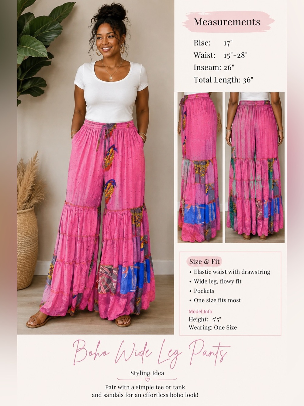 100% Silk Boho Pink Tiered Pants